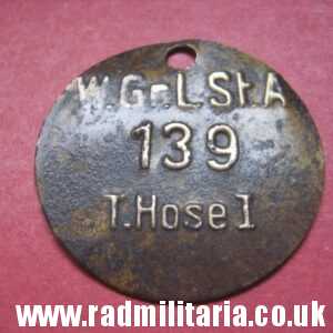 & WW2 unknown German Wehrmacht uniform DOG TAG: "W.Gr.L.St.A 139 T.Hose I" - metal detecting find.