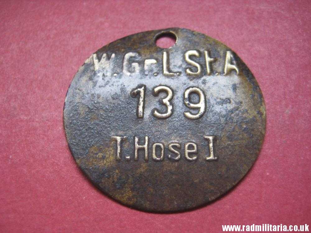 & WW2 unknown German Wehrmacht uniform DOG TAG: "W.Gr.L.St.A 139 T.Hose I" - metal detecting find.