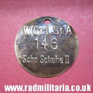 & WW2 unknown German Wehrmacht uniform DOG TAG: "W.Gr.L.St.A 146 Schn.Schuhe II" - metal detecting find.