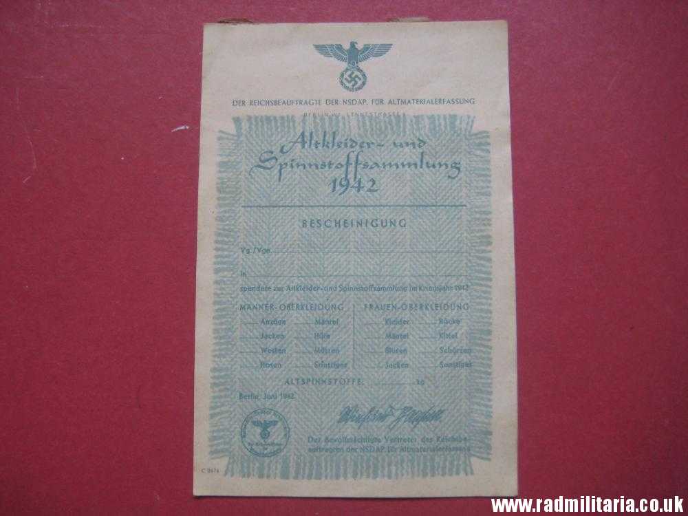 & WW2 German DOCUMENT: Altkleider und Spinnstoffsammlung 1942 - 100% genuine - Image 2