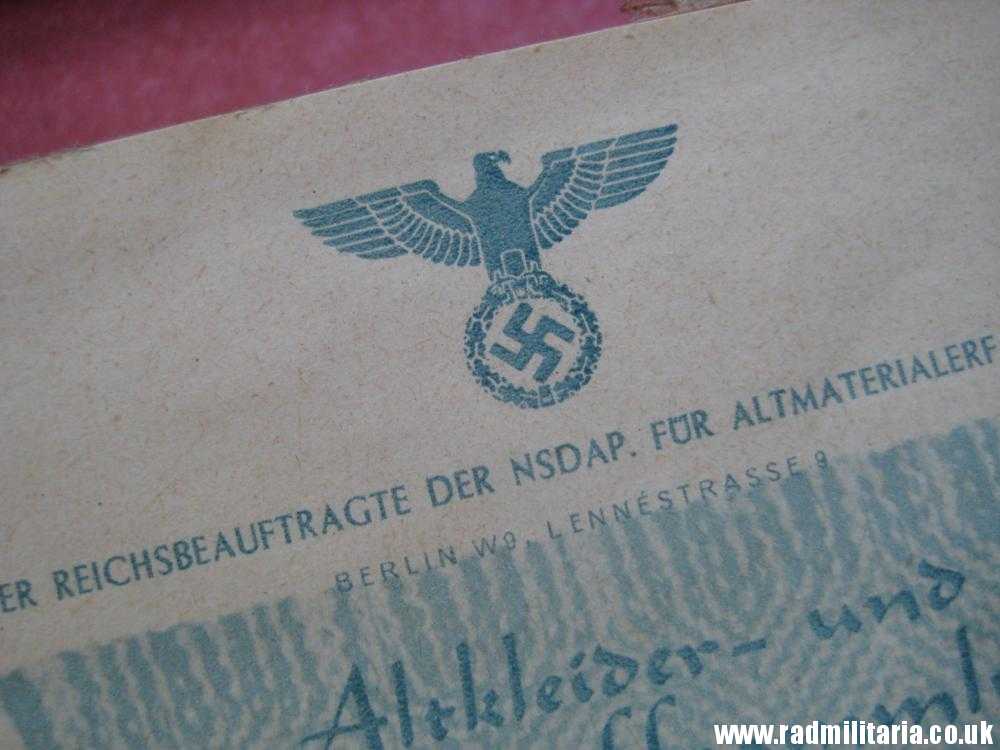 & WW2 German DOCUMENT: Altkleider und Spinnstoffsammlung 1942 - 100% genuine