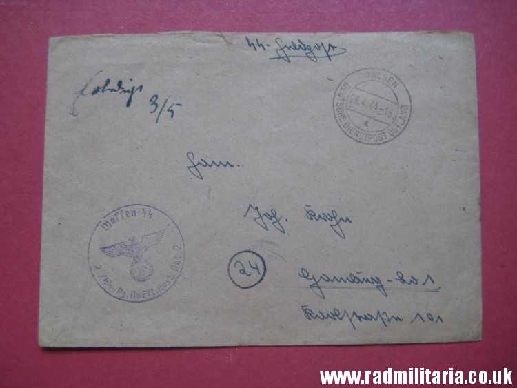 & WW2 German Waffen SS FELDPOST empty ENVELOPE - original DOCUMENT stamp: Waffen SS 2./SS.Pz. .Ausb.Abt.2. - 26.4.1944 - Image 3