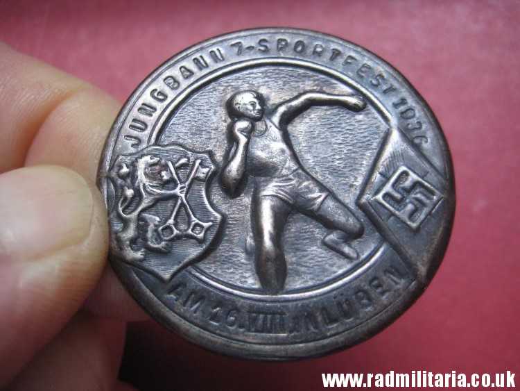 & pre WW2 German HITLER YOUTH HJ 1936 TINNIE BADGE in perfect condition. JUNGBANN 7 SPORTFEST 1936 LUBEN - genuine !! - Image 6