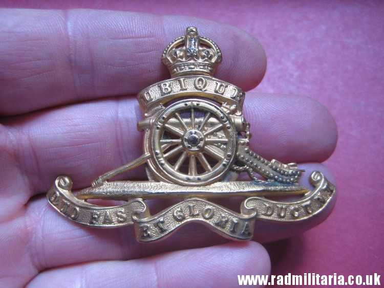& WW2 British Royal Artillery CAP BADGE converted to broche, original BADGE - gilded.