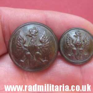 & pre 1939 SET of 2 Polish MILITARY BUTTONS large size & small size, maker: K. Jasinski Poznan - metal detecting find.