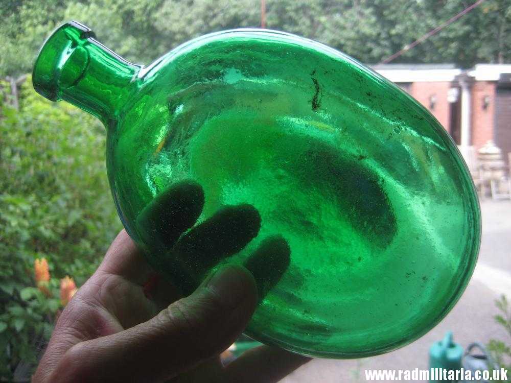 & WW1 military CANTEEN made of green GLASS, metal detecting find.