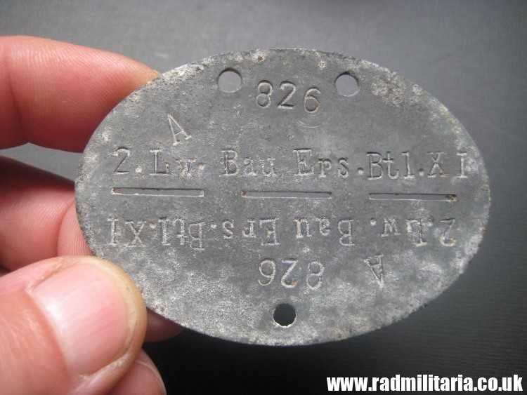 & original German Luftwaffe DOG TAG – ID DISC: A 826 2.Lw.Bau Ers.Btl.XI - metal detecting find. - Image 2