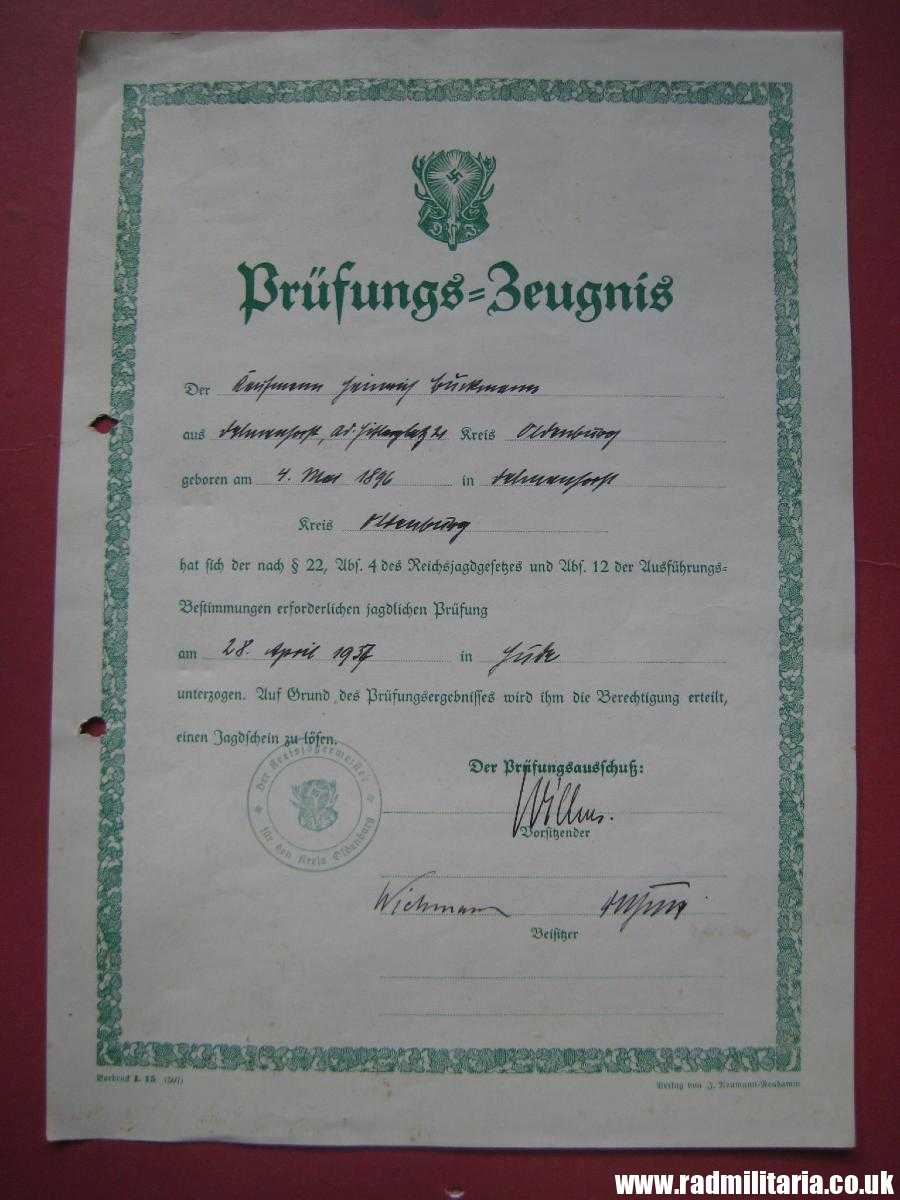 *& WW2 Nazi German DOCUMENT: Prufungs - Zeugnis 1937. HUNTING - Image 2