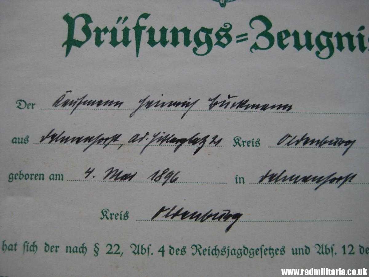 *& WW2 Nazi German DOCUMENT: Prufungs - Zeugnis 1937. HUNTING - Image 7