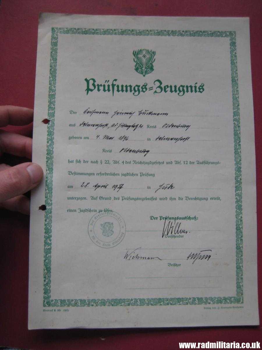 *& WW2 Nazi German DOCUMENT: Prufungs - Zeugnis 1937. HUNTING - Image 9