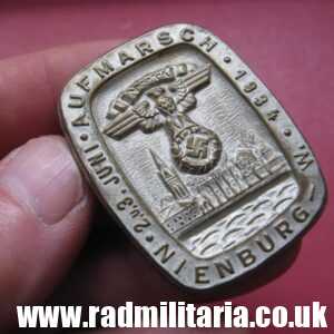 *& WW2 original German NSKK TINNIE BADGE Nienburg - Wilhelmshaven June 2-3 1934.