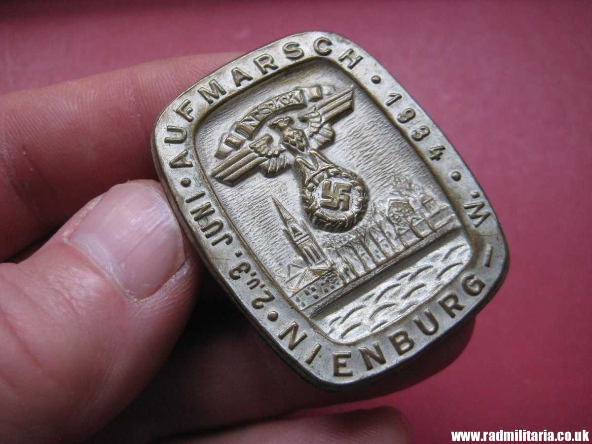 *& WW2 original German NSKK TINNIE BADGE Nienburg - Wilhelmshaven June 2-3 1934.