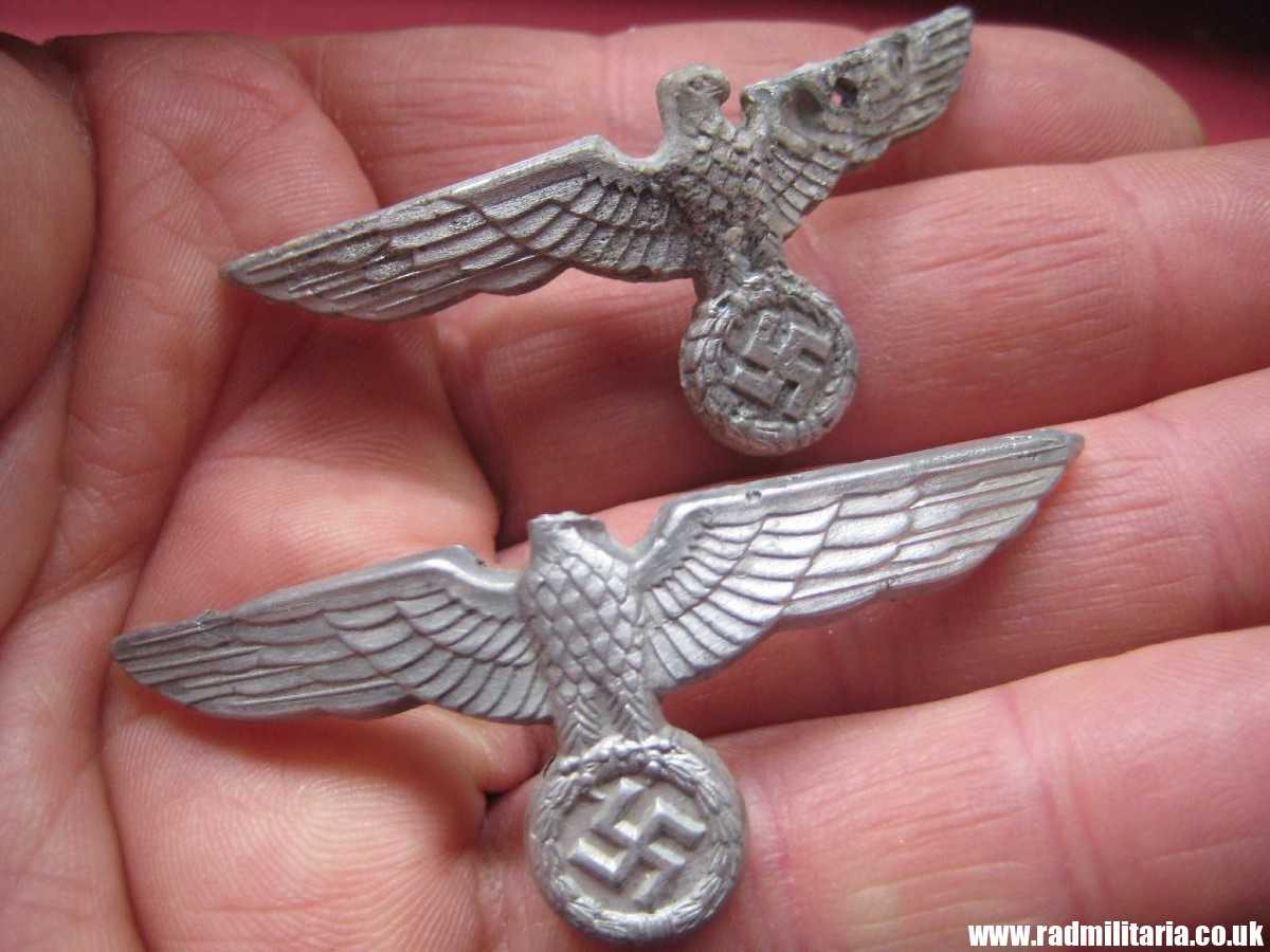 & WW2 genuine German EAGLE CAP BADGES in poor condition - SET of 2 - metal detecting find.