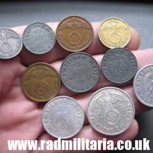 & Set of 10 original WW2 German COINS with EAGLE 1935 - 1944, used condition.