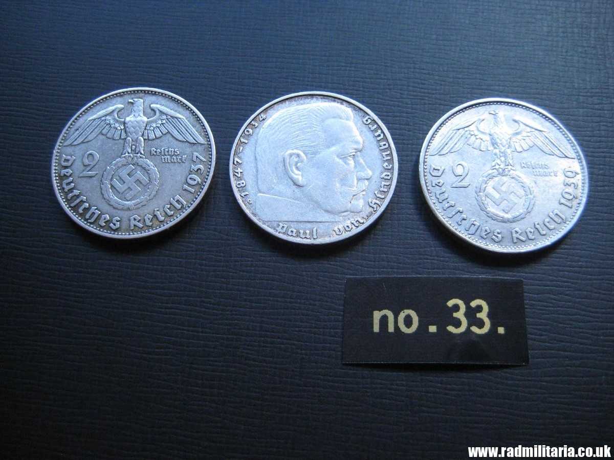 & Set of 3 original German 2RM silver COINS from WW2 - 1937, 1938 and 1939 (no.33) - Image 29