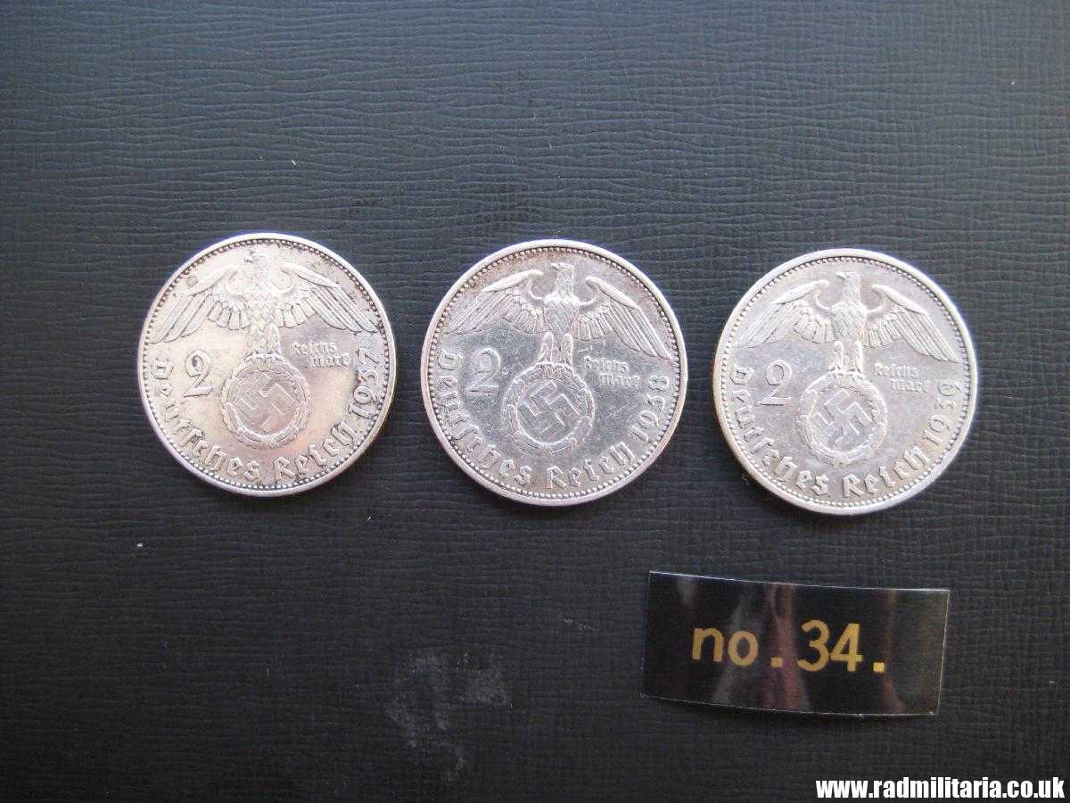 & Set of 3 original German 2RM silver COINS from WW2 - 1937, 1938 and 1939 (no.34) - Image 10