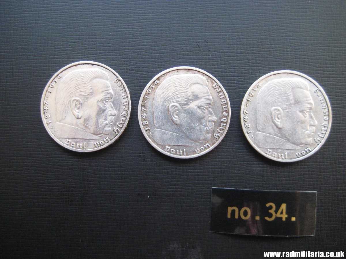 & Set of 3 original German 2RM silver COINS from WW2 - 1937, 1938 and 1939 (no.34) - Image 12