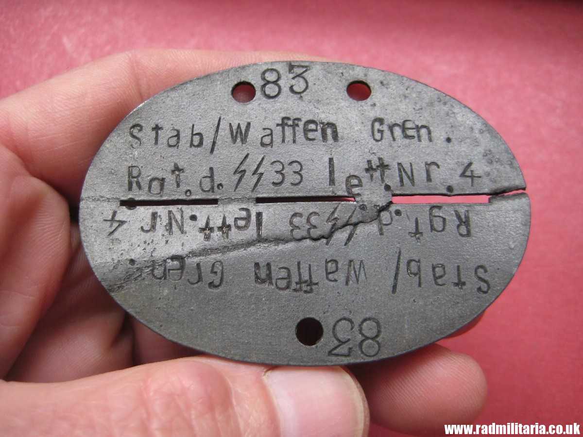 & WW2 original SS DOG TAG - ID Disc: LETTLAND: "Stab/Waffen Gren. Rgt. d. SS 33 Lett. Nr.4" 100% genuine - very RARE !