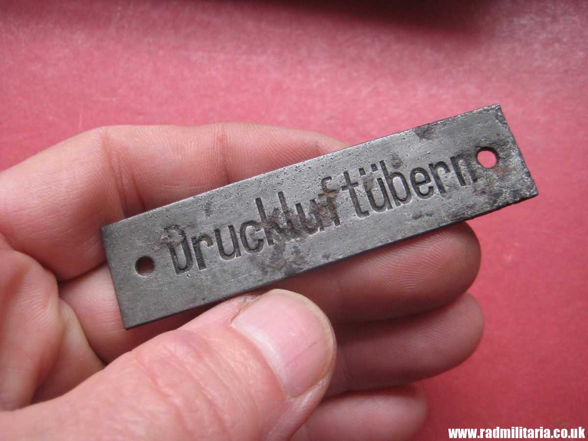 & original WW2 German Navy KRIEGSMARINE U-Boat data METAL PLATE: "Drucklufttubern" - metal detecting find.
