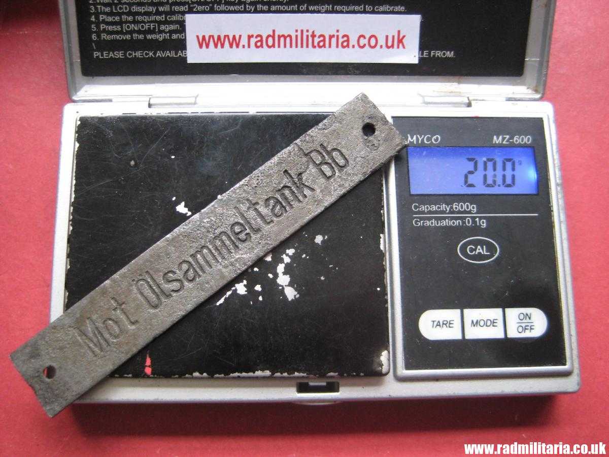 & original WW2 German Navy KRIEGSMARINE U-Boat data METAL PLATE: "Mot Olsammeltank Bd" - metal detecting find.