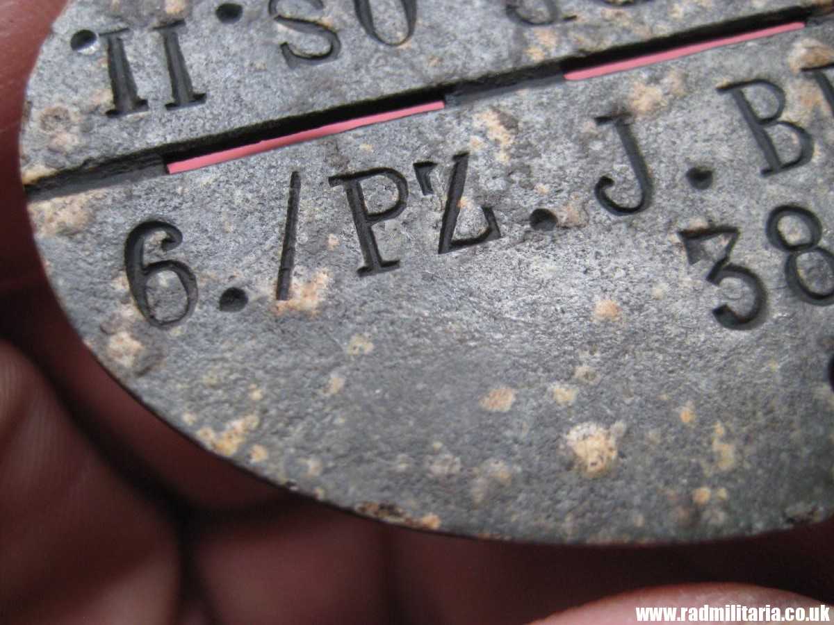 & WW2 original German zinc DOG TAG – ID DISC from 1945: "6./PZ.J.BR.OS.II. 38" metal detecting find, rare. - Image 6