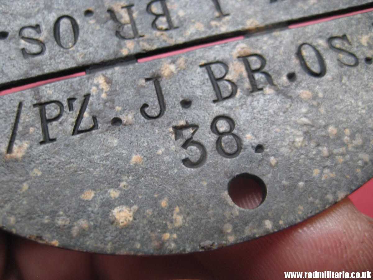 & WW2 original German zinc DOG TAG – ID DISC from 1945: "6./PZ.J.BR.OS.II. 38" metal detecting find, rare. - Image 7
