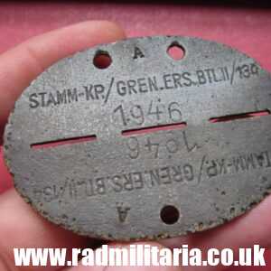 & WW2 original German zinc DOG TAG – ID DISC: "STAMM KP./GREN.ERS.BTL II/134 1946" - metal detecting.