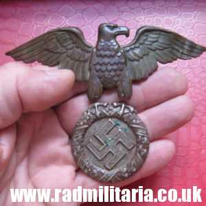 & pre WW2 original German NSKK crash helmet EAGLE BADGE marked: RZM, metal detecting.